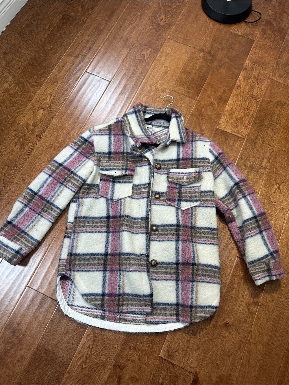 Plaid Button-Front Shacket in Cream and Pink